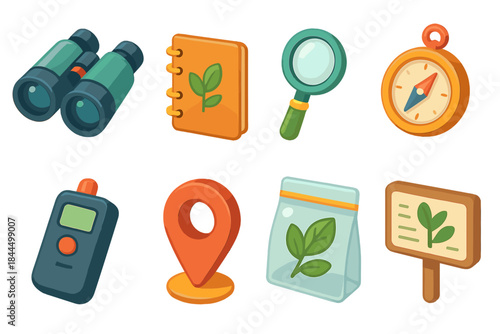 Field Observation Tools Icons. Field observation tools flat isometric set: binoculars, field notebook, hand lens, compass, rangefinder icon, GPS marker, specimen bag, observation