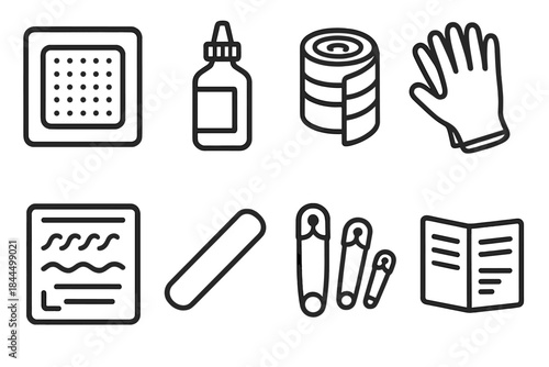 Basic First Aid Essentials. Basic first aid items linear set: sterile gauze, wound cleanser, elastic wrap, gloves, cold pack, small splint, safety pin set, instruction card.