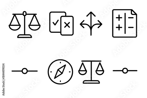 Decision-Making Icons. Decision Balance linear set: weighing scale, option cards, split arrow, pros-and-cons sheet, balance slider, choice compass, judgment line, neutral point.