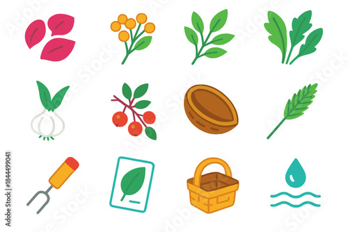 Foraging Icon Set. Meadow & Woodland Foraging isometric flat set: flower petals (edible), seed clusters, herb stems, meadow greens, wild garlic bulb, berry branch, nut shell, grass