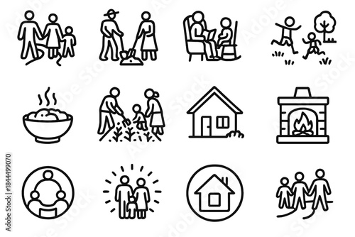 Rural Family Icons. Family Rural Living Icons linear set: family walk path, shared chores icons, home-cooked meal bowl, story-time porch chair, children’s play field, family garden
