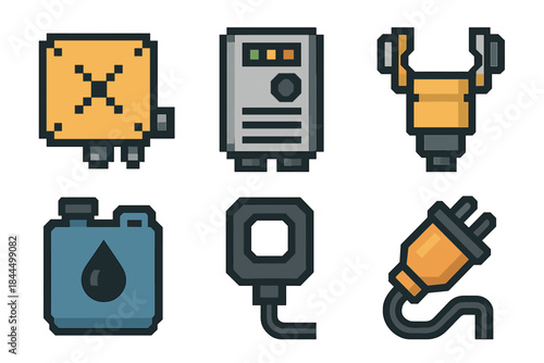 Worksite Power Icons. Worksite Power Components set of icons in flat pixel vector style: electric junction box, motor drive, hose coupling, fuel tank, current sensor, equipment