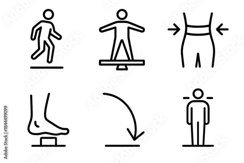 Balance Training Symbols. Stability Training Set linear set: single-leg stand, balance beam, core brace symbol, grounded foot, tilt arrow, steady posture.