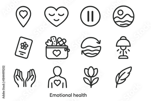 Emotional Health Icons. Emotional Health Collection linear set: safe space marker, gentle heart, reflective pause icon, calm landscape, mindful cues card, emotional toolkit pouch,