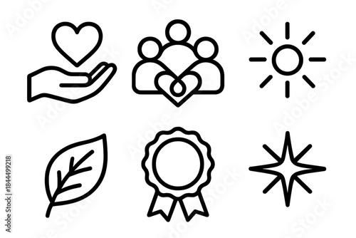 Social Good Icons. Social Good Elements linear set: compassion hand, community link, wellness glow, renewal leaf, support badge, bright spark.