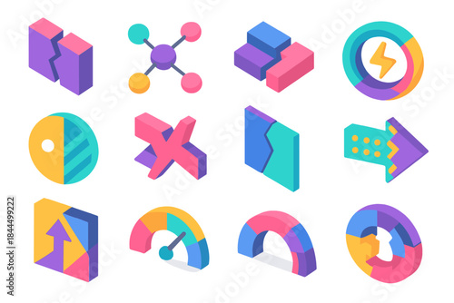 Cognitive Dissonance Icons. Cognitive Dissonance Structures flat isometric set: conflicting belief tile, mental split node, reasoning gap bar, tension ring, perspective cue dot,