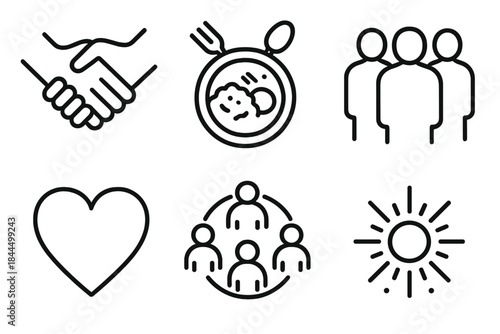 Unity and Togetherness. Independence Day Unity & Togetherness linear set: linked hands, shared meal plate, group silhouettes, heart symbol, community circle, warm spark.