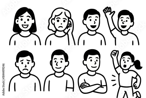Facial Expressions and Gestures. Facial & body cues linear set: bright smile, puzzled look, tense shoulders, relaxed shoulders, enthusiastic wave, worried brow, confident pose,