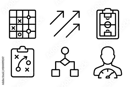 Strategic Team Tactics Icons. Team tactics icons linear set: strategic grid, shift arrows, formation map, coaching whistle, tactic card, decision node, player silhouette, progress