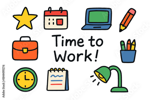 Childlike Work Icon Set. A childish hand-drawn icon set, flat vector graphic, very bright and slightly messy colors, thick uneven outlines, kindergarten drawing style. In the