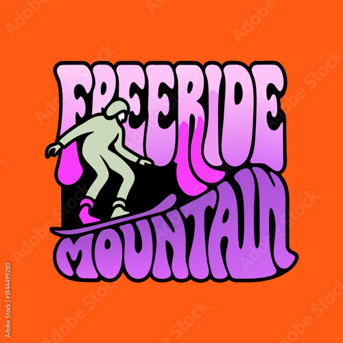 Freeride snowboarder graphic with stylized mountain text