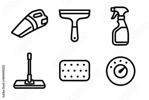 Portable Cleaning Icons. On-the-Go Cleaning Tools linear set: battery-powered vacuum, compact squeegee, travel mop, solution sprayer, cleaning pad, performance dial.