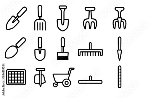 Gardening Tools Icons. Soil Preparation Tools linear set: hand trowel, garden fork, hoe blade, cultivator claw, soil scoop, spade shovel, rake head, aeration spike, soil sifter,