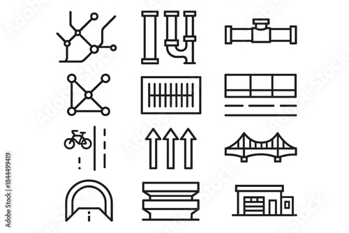 Urban Infrastructure Icons. Urban Infrastructure Systems linear set: transit line map, utility conduit, water main pipe, electrical grid nodes, storm drain icon, sidewalk layout,