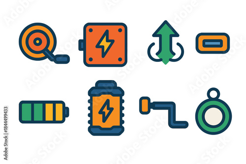 Vibrant Kinetic Chargers. Kinetic Charging Devices flat set: hand-crank wheel, generator module tile, manual-energy arrow, output port icon, charge-status strip, rugged charger