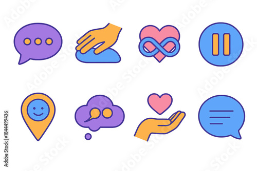 Empathy Icon Set. Connection & empathy set isometric flat set: thoughtful speech bubble, comfort hand, heart-linked icon, mindful pause symbol, gentle nod marker, shared feeling