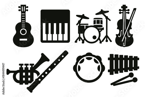 Brutalist Music Icons. Musical instruments silhouette set: acoustic guitar, piano keyboard, drum set, violin, trumpet, flute, tambourine, xylophone.