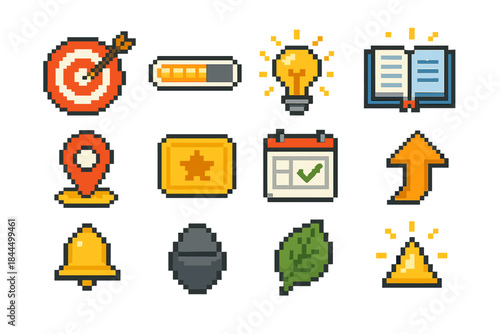 Academic Icons Collection. Academic Motivation Forms pixel style set: study target, progress streak bar, idea flare, energized book, goal marker, confidence chip, learning habit