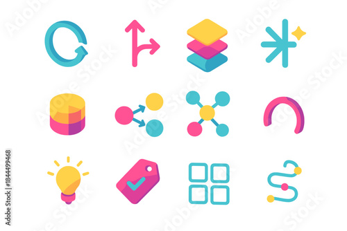 Isometric Thinking Icons. Thinking Pattern Collection isometric flat set: concept loop, branching arrow, reflective layer, clarity spark, memory segment, logic flow icon,