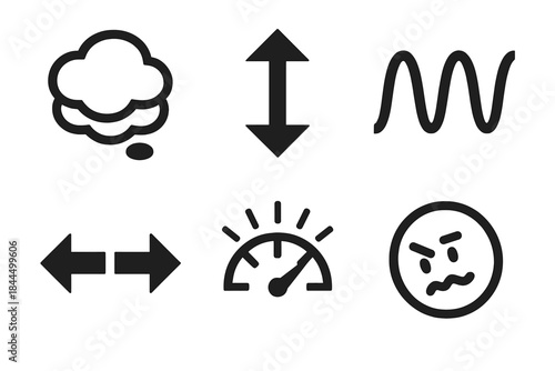 Brutalist Mind Icons. Ambiguous Mind States silhouette set: layered thought bubble, dual-direction cue, conflicted tilt icon, oscillating feeling wave, choice tension bar, insight