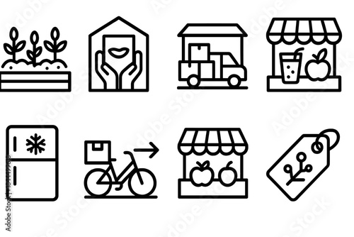 Urban Food System Icons. Urban food system elements linear set: city garden plot, food co-op tile, micro-distribution node, fresh produce bar, community fridge icon, bike delivery