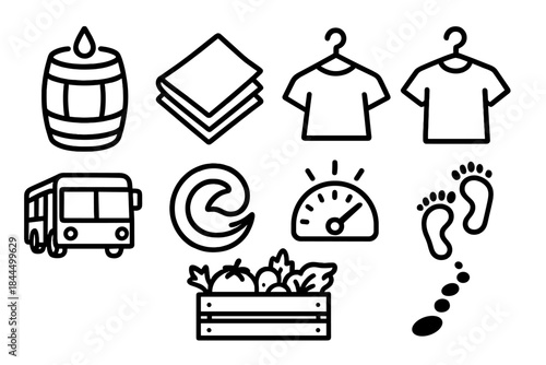 Eco-Friendly Icons. Low-Impact Living Flow linear set: rainwater barrel, cloth napkins, thrifted clothing hanger, green transit bus, renewable energy swirl, waste reduction meter,