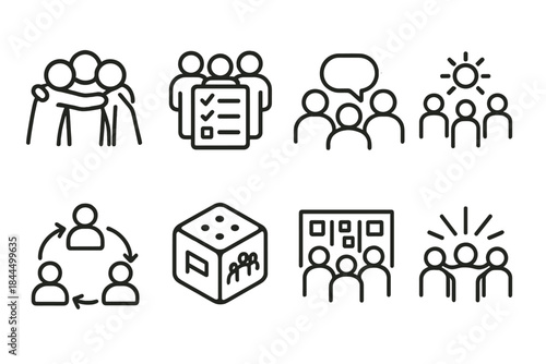 Group Activity Icons. Group Activities Set linear set: team huddle, shared task list, group chat bubble, outdoor gathering icon, collaboration arrows, activity dice, joint project