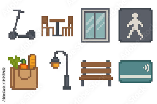 Urban Pixel Icons. Contemporary urban features set of icons in flat pixel vector style: smart scooter, café table, high-rise window, pedestrian lane marker, farmers market bag,