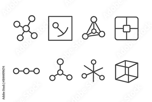 Chemical Geometry Icons. Chemical Geometry Modes linear set: molecular structure node, spatial bond-angle panel, tetrahedral arm layout, planar group tile, linear axis marker,