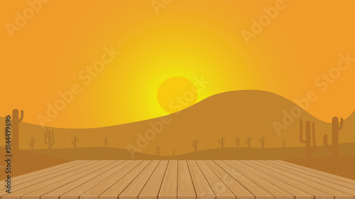 An empty wooden table, an empty wooden board, a background view of a sunset with Mexican 