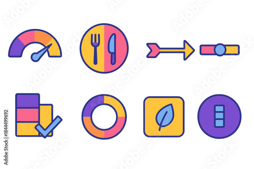 Modern Icon Balance. Effort Balance Set flat set: workload ratio gauge, task-division plate, balanced-effort arrow, time alignment bar, energy-distribution ring, sustainable pacing