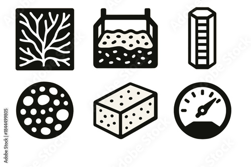 Myco-Composite Icon Set. Myco-Composite Engineering silhouette set: fibrous mycelium mat, substrate mold, structural bio-core, pore texture icon, finished composite slab, density