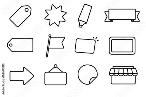 Retail Promo Icons. Retail Promo Set linear set: clearance tag, markdown badge, highlight label, seasonal promo banner, price-drop bar, offer flag, product callout card, feature