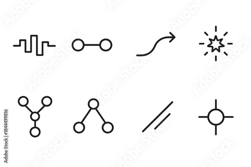 Machine Signal Icons. Machine Signal Flow linear set: info pulse, synaptic link, channel curve, path arrow, activation spark icon, weighted route, connection beam, signal hub.