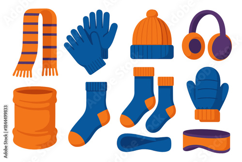Winter Wardrobe Icons. Winter Warmth Essentials flat set: long knit scarf, thermal gloves, ribbed beanie, soft ear warmers, wool neck tube, insulated boot socks, padded mittens,