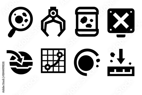 Space Cleanup Icons. Space Cleanup Systems silhouette set: debris-locator lens, grappling mechanism, containment pod, drag-device panel, orbit-decay indicator, safe-path planner,