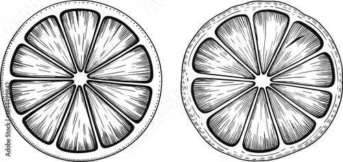  Citrus cross-section, orange slice, grapefruit sketch, fruit anatomy, botanical drawing, black and white illustration, rind texture, segment detail, juicy artwork