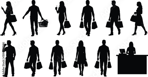 Shopping people silhouettes set, men and women carrying bags, retail consumer lifestyle, black and white vector illustration for marketing design