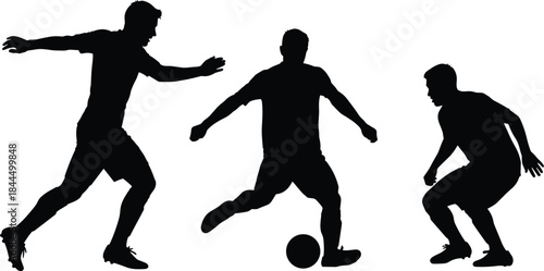 Soccer players silhouettes in action, football dribbling and defending scene, competitive sports moment, black and white vector illustration design
