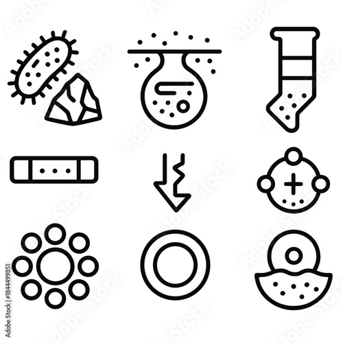 Subterranean Microbe System Icons. Subsurface Chemosynthetic Systems linear set: mineral-fed microbe motif, subterranean reaction chamber, chemical substrate bar, energy-harvesting