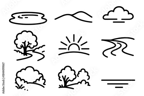 Tranquil Nature Icons. Tranquil Nature Scenes linear set: still water pool, hillside contour, soft cloud drift, shaded tree path, warm sunlight ray, gentle stream curve, quiet