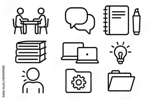 Collaborative Learning Icons. Collaborative Learning Spaces linear set: study table, group chat bubble, shared notebook, whiteboard marker, reference stack, laptop pair, idea spark
