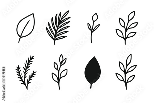 Leafy Icon Collection. Leaf & Plant Motifs linear set: simple leaf icon, tropical frond, tiny bud, branching leaf stem, soft mossy sprig, flowering leaf tip, leafy silhouette,