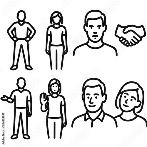 Body Language Icons. Body Language Elements linear set: confident stance, relaxed shoulders, focused gaze, handshake silhouette, welcoming gesture, pause signal, agreement nod,