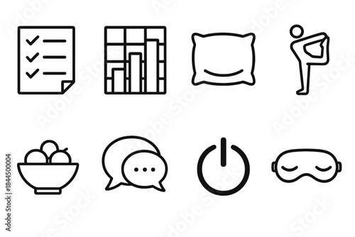 Balanced Daily Icons. Balanced Routine Anchors linear set: priority list, time block chart, rest cushion, stretch pose, snack bowl, meeting bubble, off-switch symbol, sleep mask.