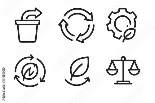 Sustainable Material Cycle Icons. Sustainable Material Circulation linear set: recovery module, closed-cycle diagram, reusable component, lifecycle indicator, green flow path,