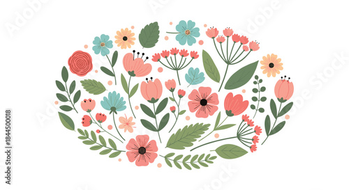 Oval-shaped arrangement of various hand-drawn flowers and leaves in pastel pink, blue, and green, isolated on a white background.