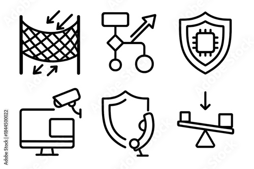 Adaptive Defense Icons. Adaptive Protection Strategies linear set: responsive net, scenario switch, defense module, monitoring ray, flexible guard, outcome stabilizer.