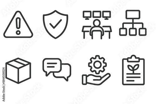 Incident Management Icons. Incident management elements linear set: threat indicator, response protocol, command center icon, operations chart, logistics box, message relay symbol,