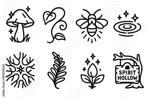 Fairywood Icon Collection. Fairywood Ecosystem linear set: twinkle mushroom, charm vine loop, light-spark insect, shimmer brook ripple, rune-root web, enchanted frond, glow pod,